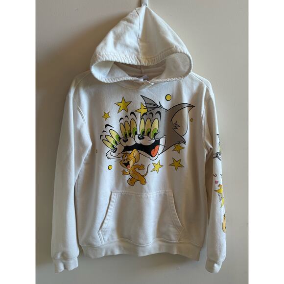 Tom and Jerry White Hoodie Size Large Cotton Polyester Cartoon Graphics Pocket - Picture 1 of 10